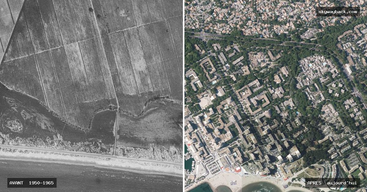 Photo aérienne de La Grande-Motte : un marais littoral en 1950-1965, une ville entière aujourd’hui