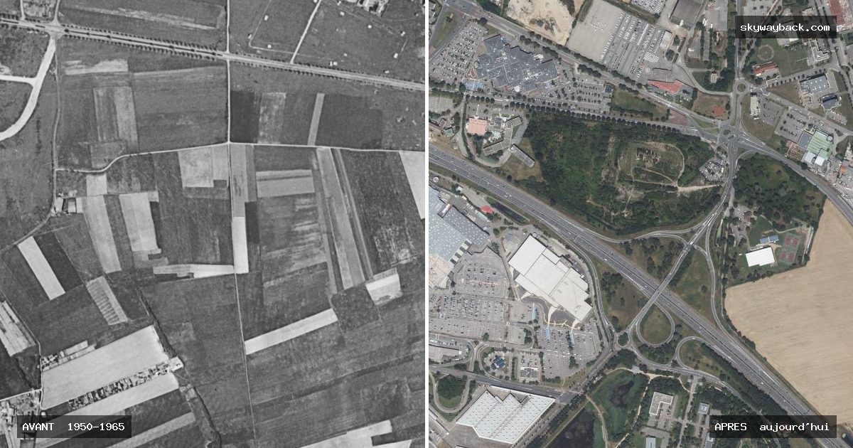 Photo aérienne de la Porte des Alpes près de Lyon : des champs en 1950-1965, une zone urbanisée aujourd’hui