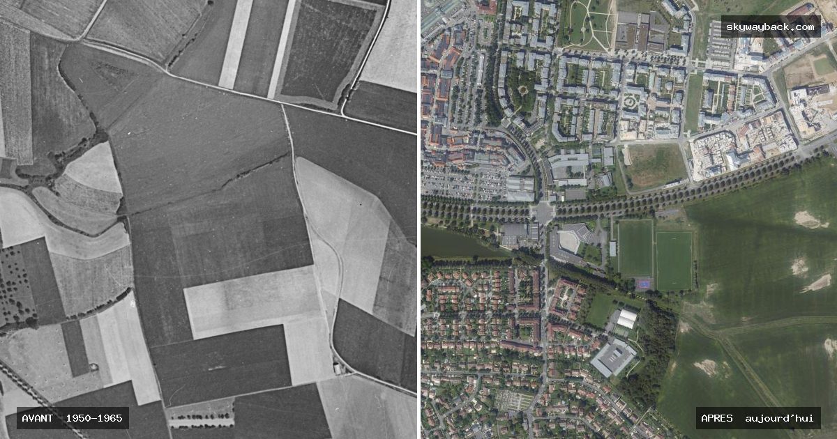 Photo aérienne de Serris (Val d’Europe) : des champs en 1950-1965, un quartier pavillonnaire aujourd’hui